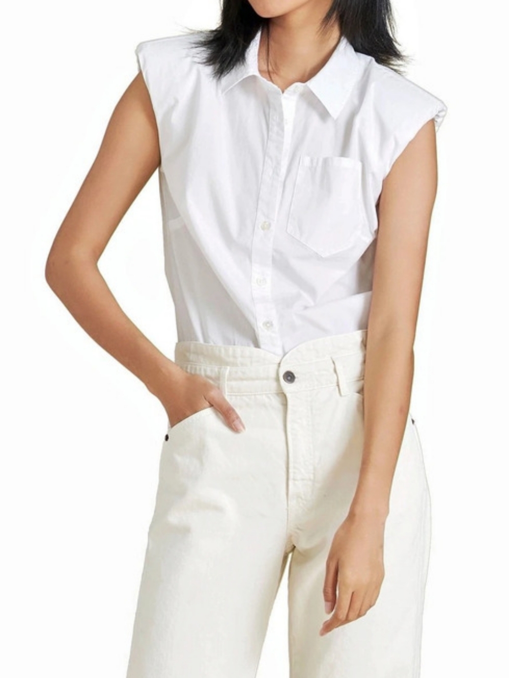 Veronica Beard Kat Blouse Cotton Poplin Button-up Padded Shoulder in White